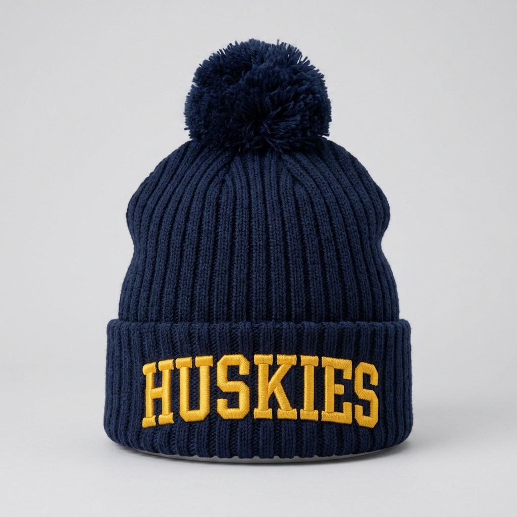 Embroidered Huskies Knit Pom Beanie
