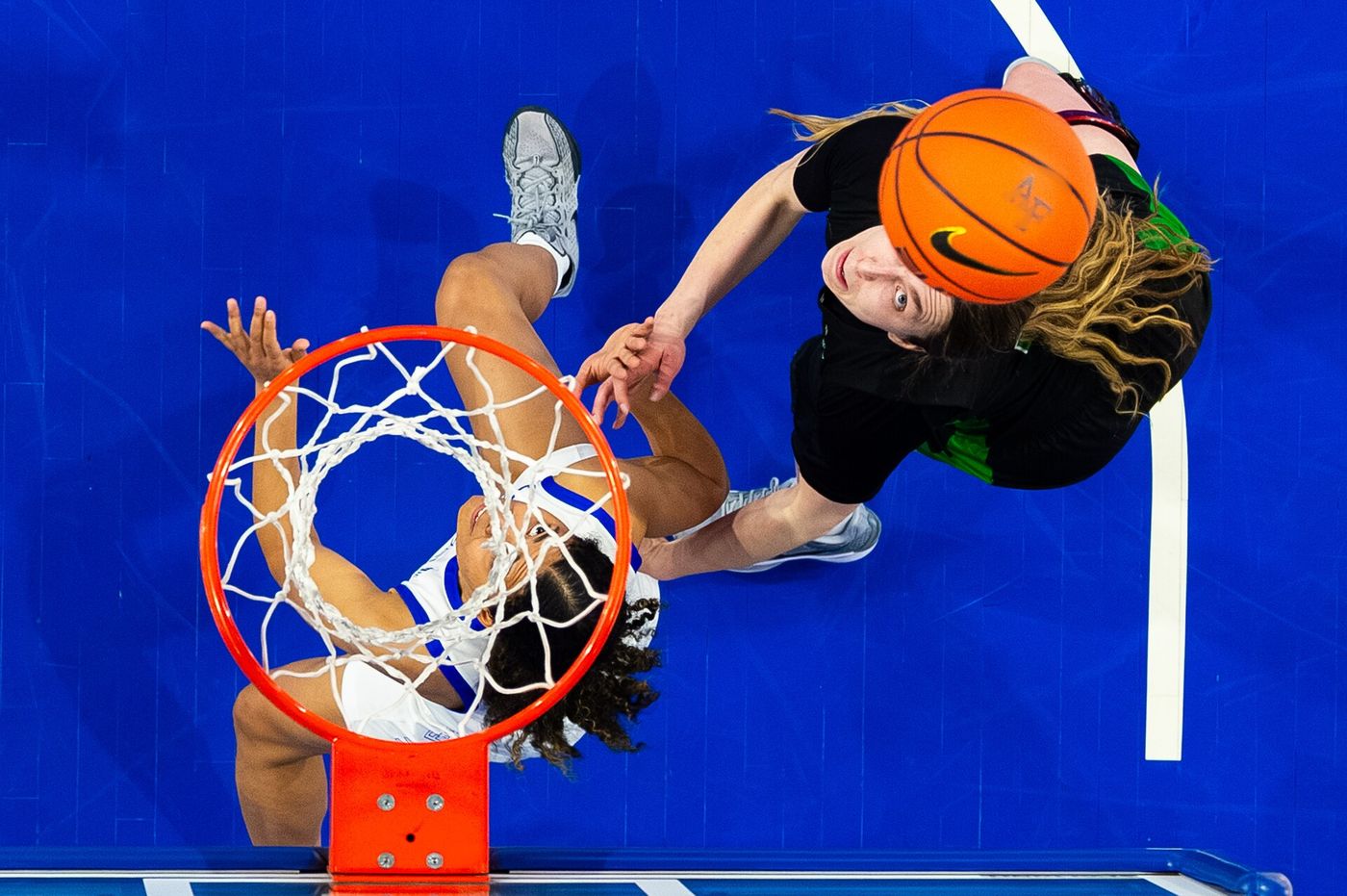Overhead view of a rebound at the rim