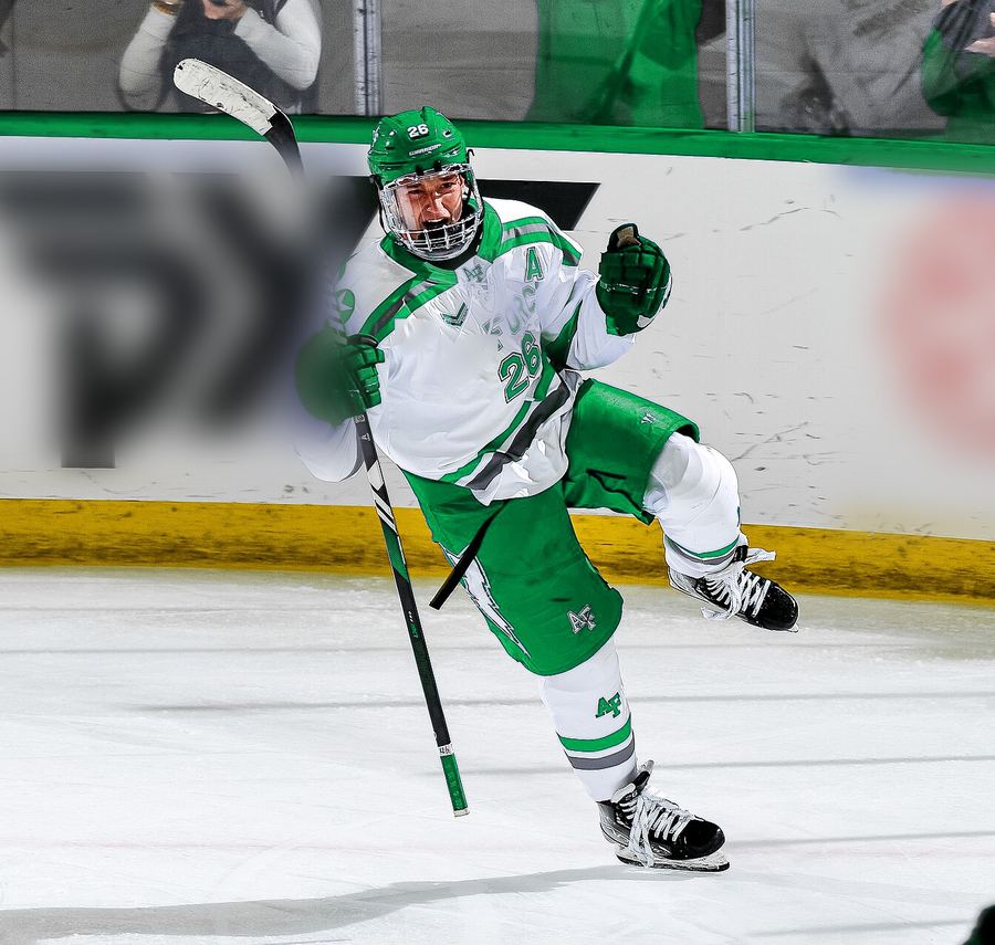 A Timberwolves forward celebrates a goal along the boards