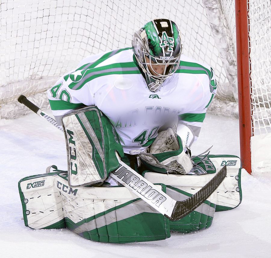 The Timberwolves goaltender drops into the butterfly