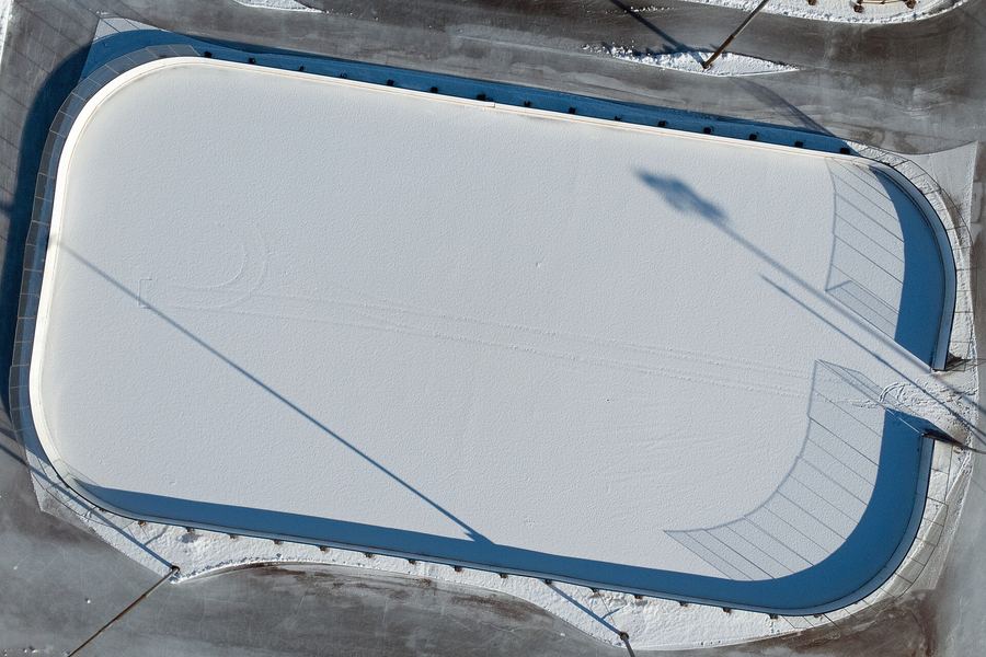 Aerial view of a freshly resurfaced rink